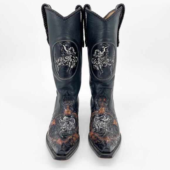 Liberty Boot Co. Vintage Women’s 7 Black Bucking Bronco Tooled Snip Toe Boots - Picture 6 of 14